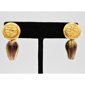 Mei Fa Vintage Earrings Dangle Watermelon Glass Beaded Bushed Gold Signed BinAO